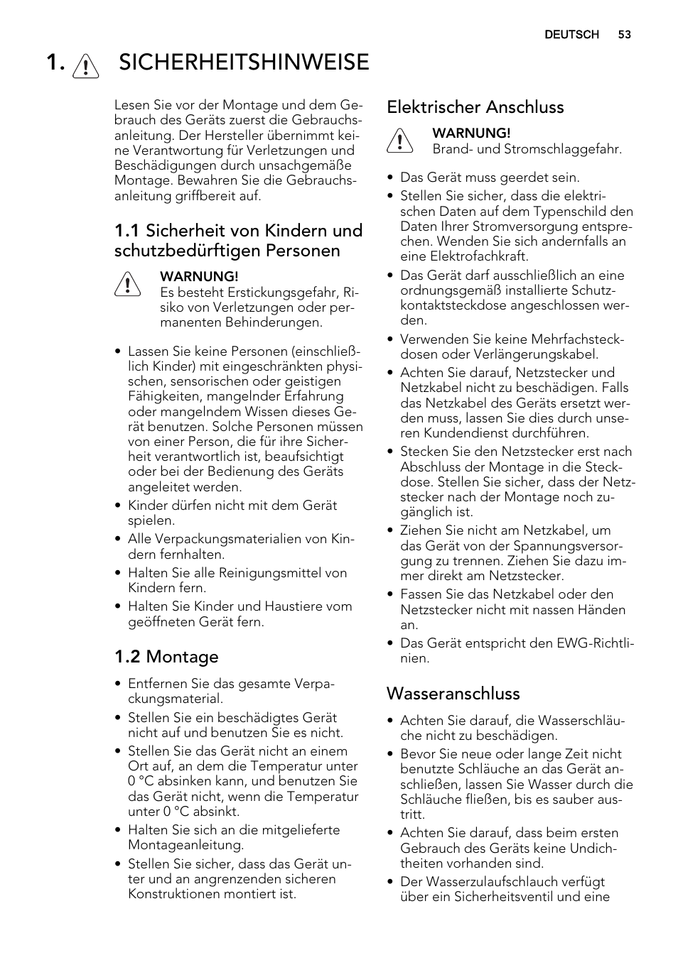 Sicherheitshinweise, 2 montage, Elektrischer anschluss | Wasseranschluss | AEG F78420IM0P User Manual | Page 53 / 72