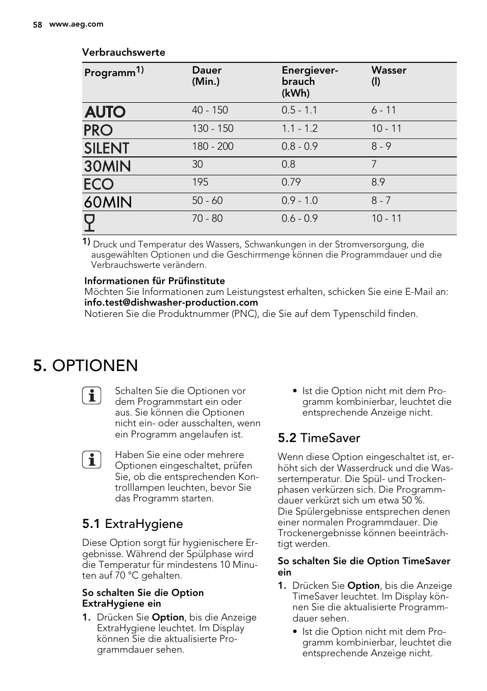 Optionen, 1 extrahygiene, 2 timesaver | AEG F78420IM0P User Manual | Page 58 / 72