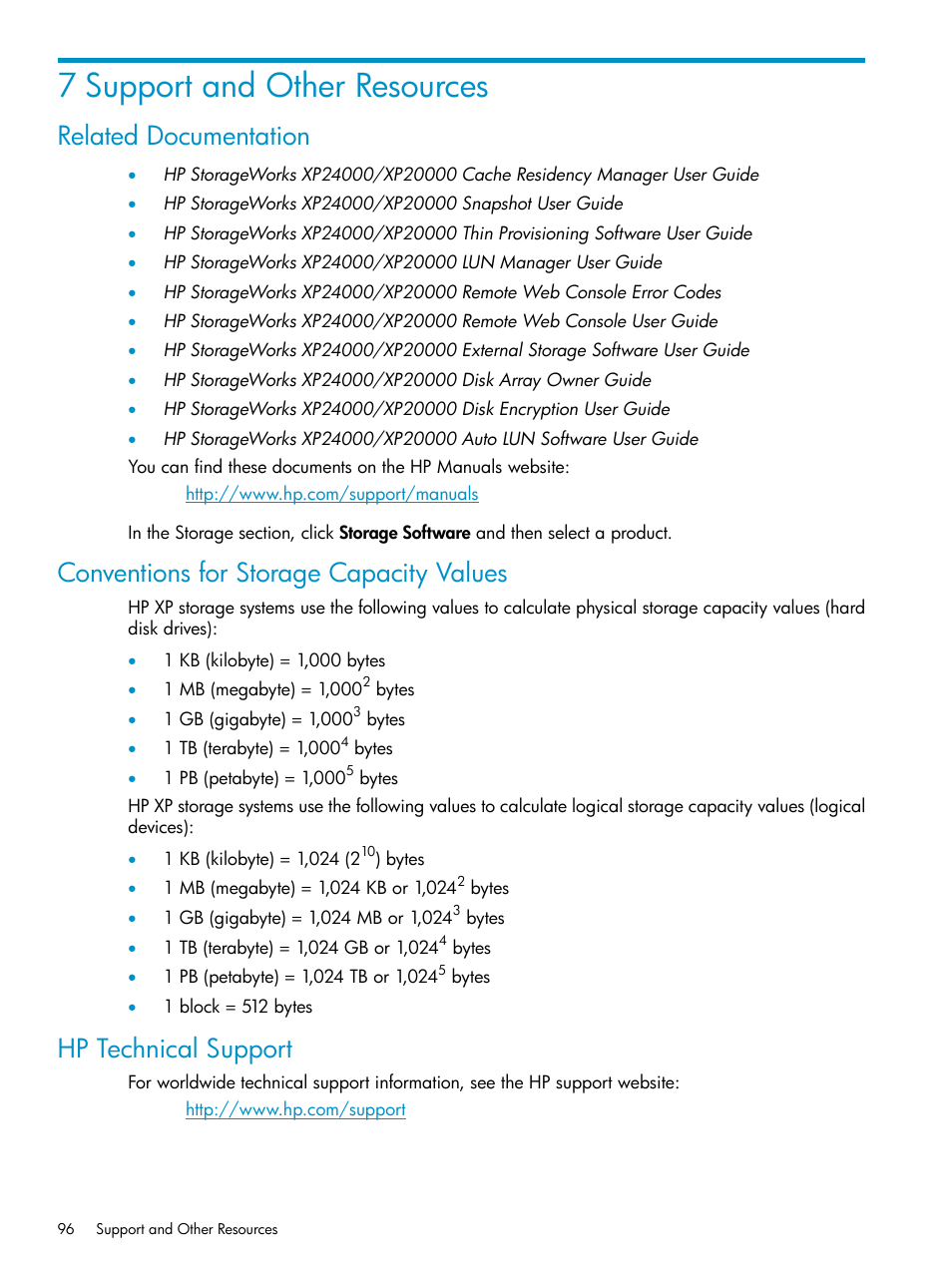7 support and other resources, Related documentation, Conventions for storage capacity values | Hp technical support | HP XP Data Shredder Software User Manual | Page 96 / 101