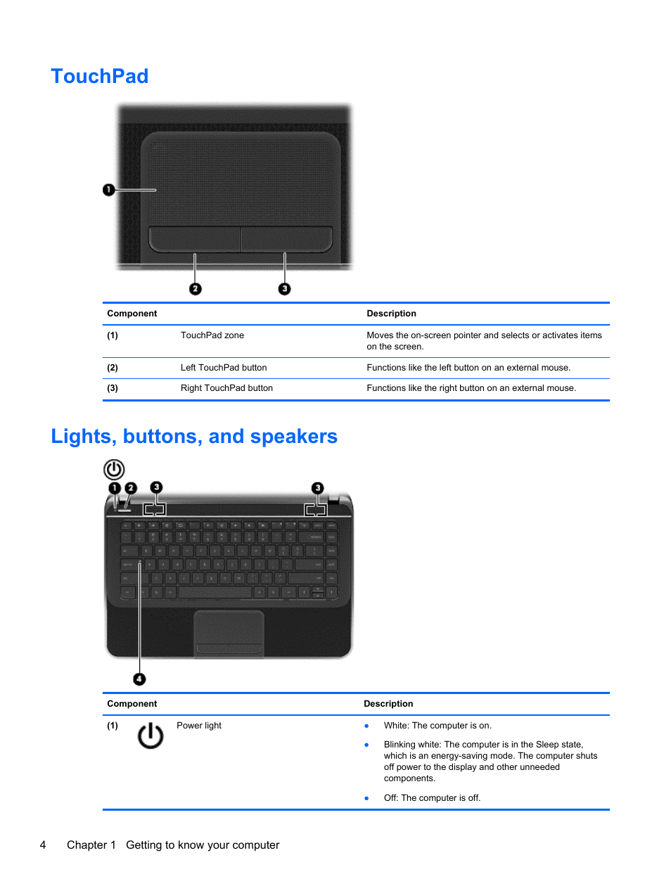 Touchpad, Lights, buttons, and speakers, Touchpad lights, buttons, and speakers | HP Pavilion 14-c000ed Chromebook User Manual | Page 10 / 21