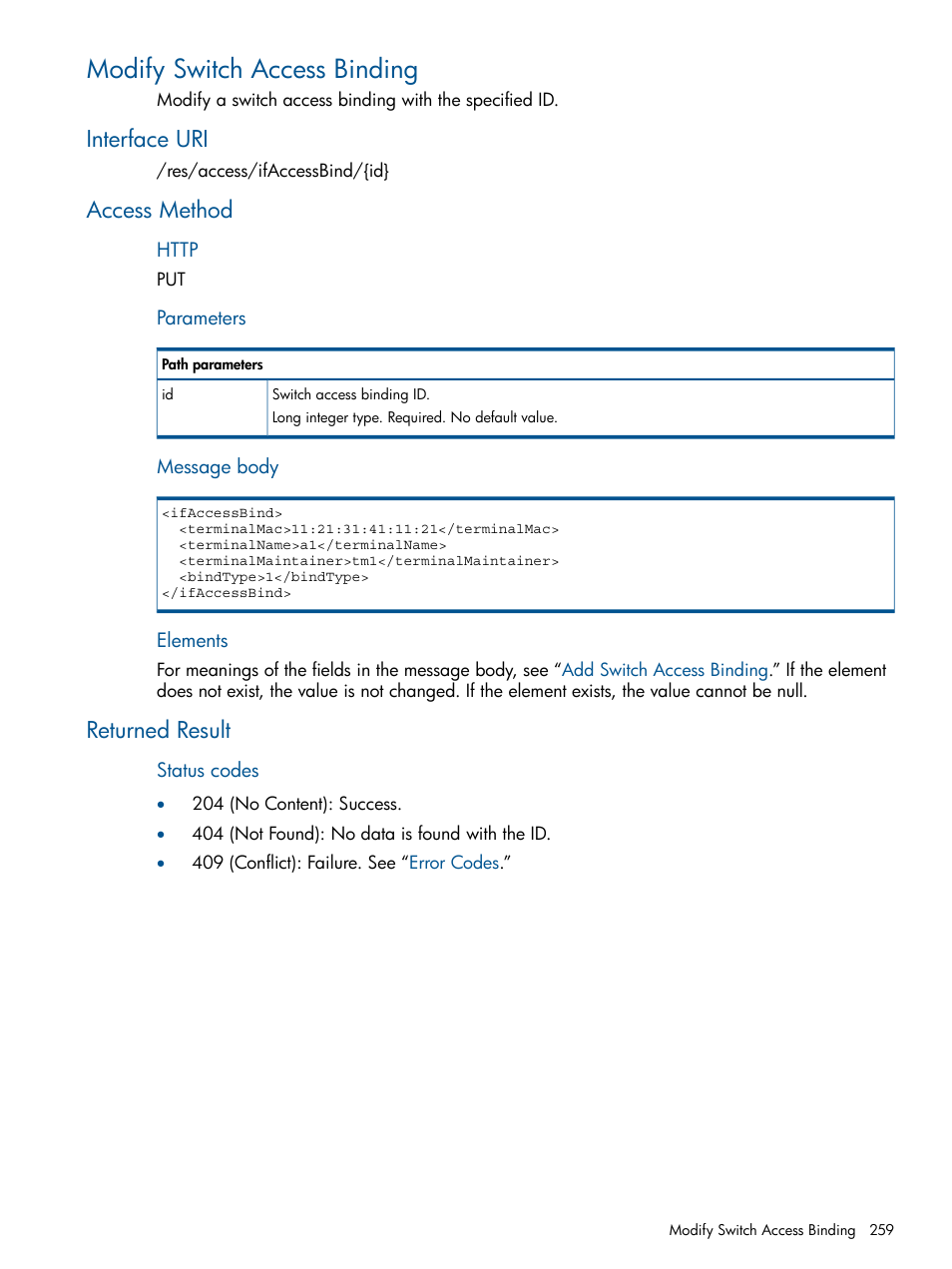 Modify switch access binding, Interface uri, Access method | Returned result, Interface uri access method returned result | HP Intelligent Management Center Licenses User Manual | Page 259 / 438