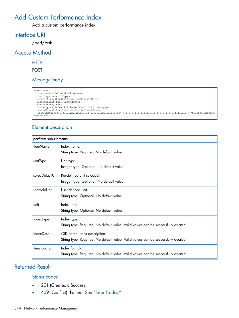 Add custom performance index, Interface uri, Access method | Returned result, Interface uri access method returned result | HP Intelligent Management Center Licenses User Manual | Page 344 / 438