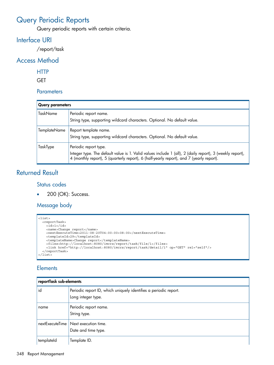 Query periodic reports, Interface uri, Access method | Returned result, Interface uri access method returned result | HP Intelligent Management Center Licenses User Manual | Page 348 / 438