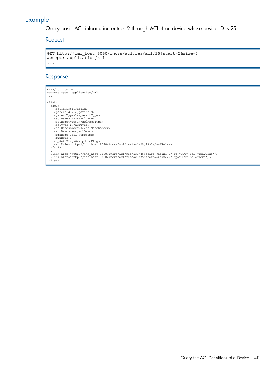 Example, Request, Response | HP Intelligent Management Center Licenses User Manual | Page 411 / 438