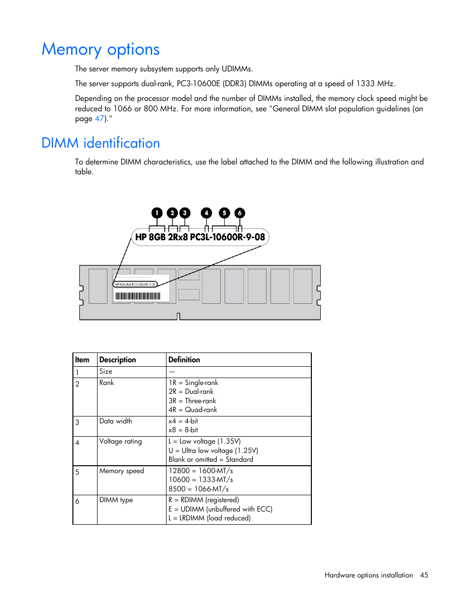 Memory options, Dimm identification | HP ProLiant ML110 G7 Server User Manual | Page 45 / 113