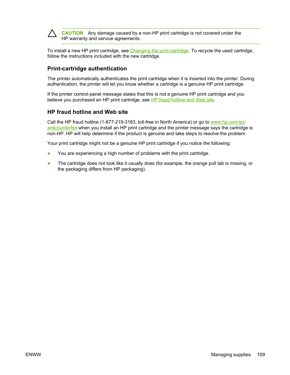 Print-cartridge authentication, Hp fraud hotline and web site | HP LaserJet 5200 Printer series User Manual | Page 123 / 248