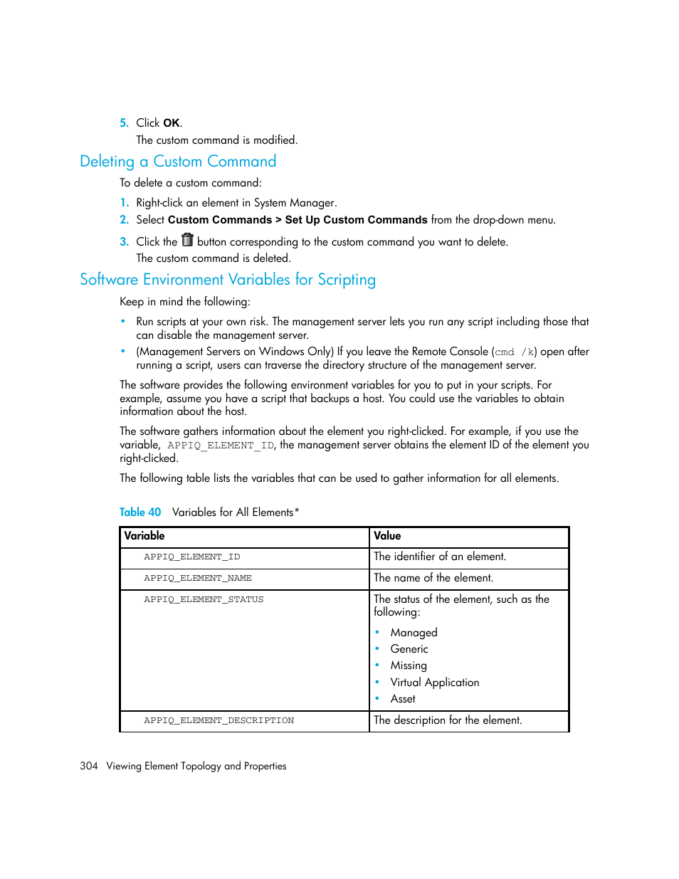 Deleting a custom command, Software environment variables for scripting, 40 variables for all elements | HP Storage Essentials NAS Manager Software User Manual | Page 336 / 770