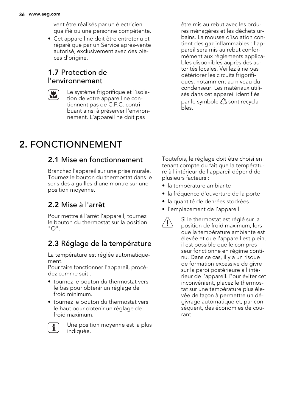 Fonctionnement, 7 protection de l'environnement, 1 mise en fonctionnement | 2 mise à l'arrêt, 3 réglage de la température | AEG SKS51000S0 User Manual | Page 36 / 84