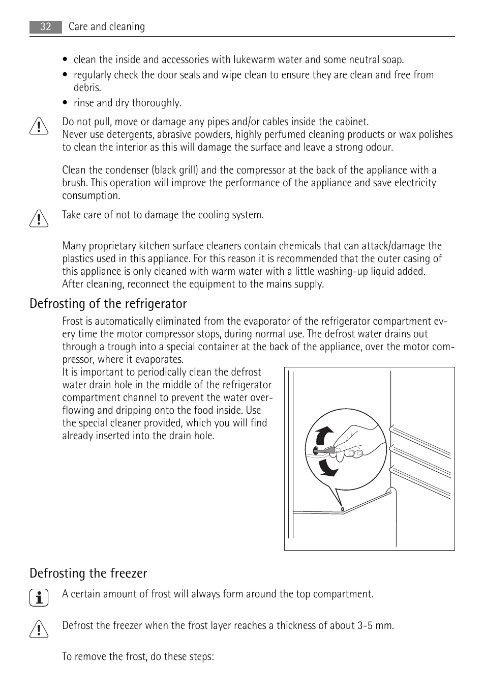 Defrosting of the refrigerator, Defrosting the freezer | AEG SKS51040S0 User Manual | Page 32 / 92