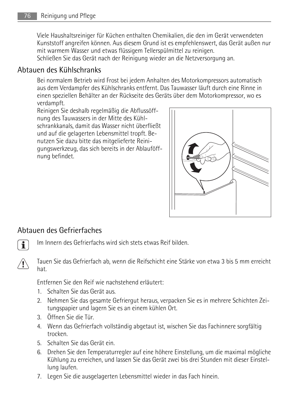 Abtauen des kühlschranks, Abtauen des gefrierfaches | AEG SKS51040S0 User Manual | Page 76 / 92