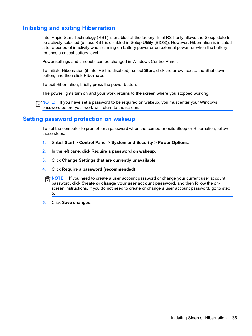 Initiating and exiting hibernation, Setting password protection on wakeup | HP Folio 13-1035nr Notebook PC User Manual | Page 45 / 85