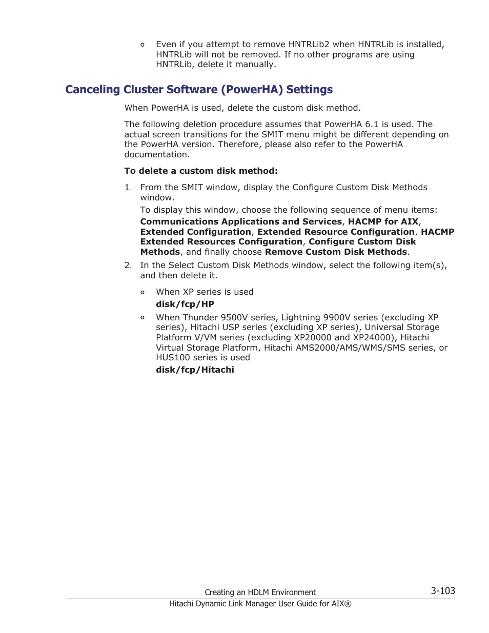 Canceling cluster software (powerha) settings, Canceling cluster software (powerha) settings -103, To do so, perform the procedure described in | Canceling cluster software | HP XP Racks User Manual | Page 165 / 460