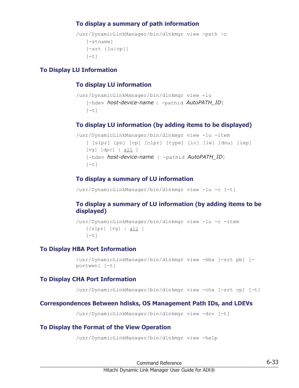 To display lu information -33, To display hba port information -33, To display cha port information -33 | To display the format of the view operation -33 | HP XP Racks User Manual | Page 239 / 460
