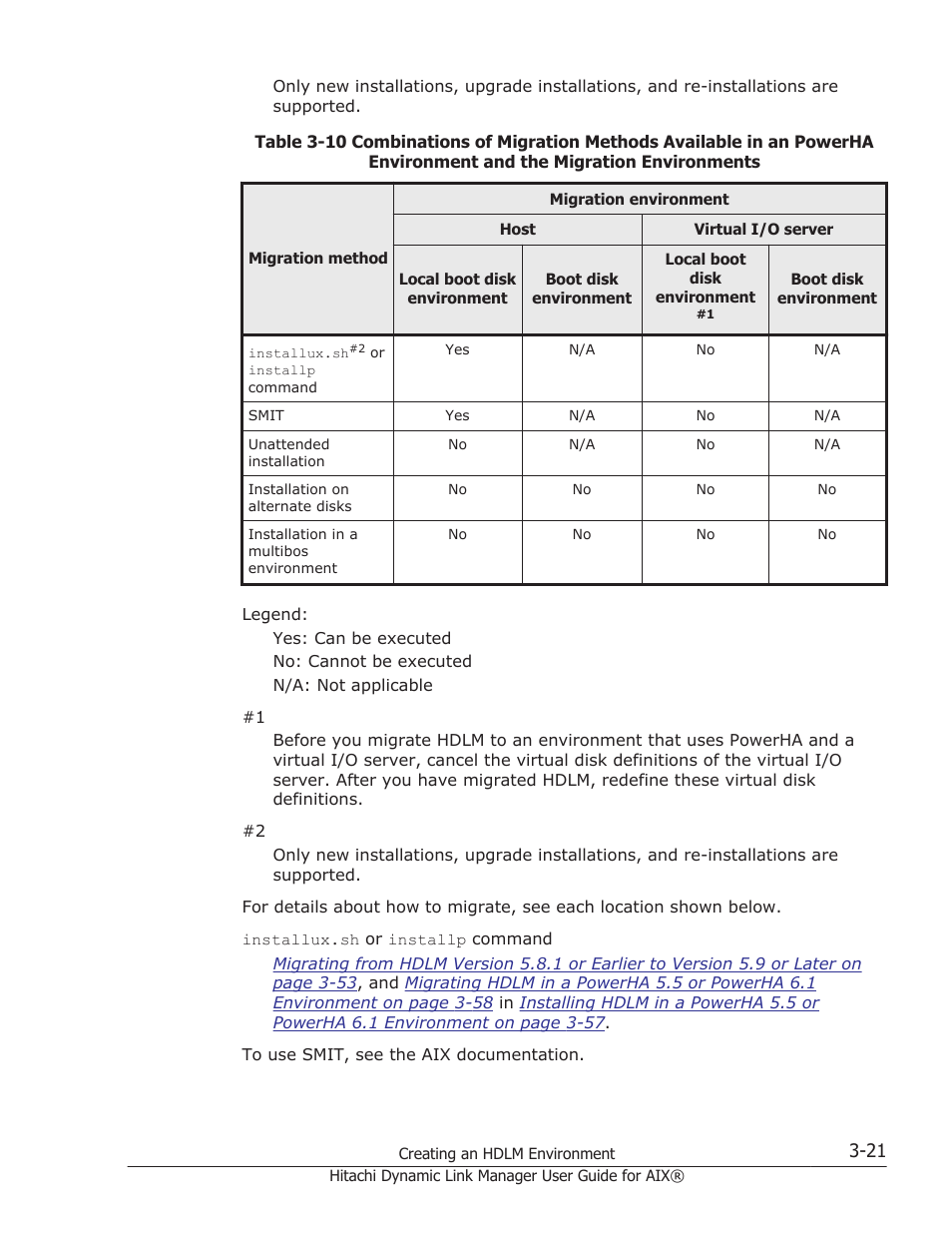 Methods and target environments, Table 3-10 combinations of migration | HP XP Racks User Manual | Page 83 / 460