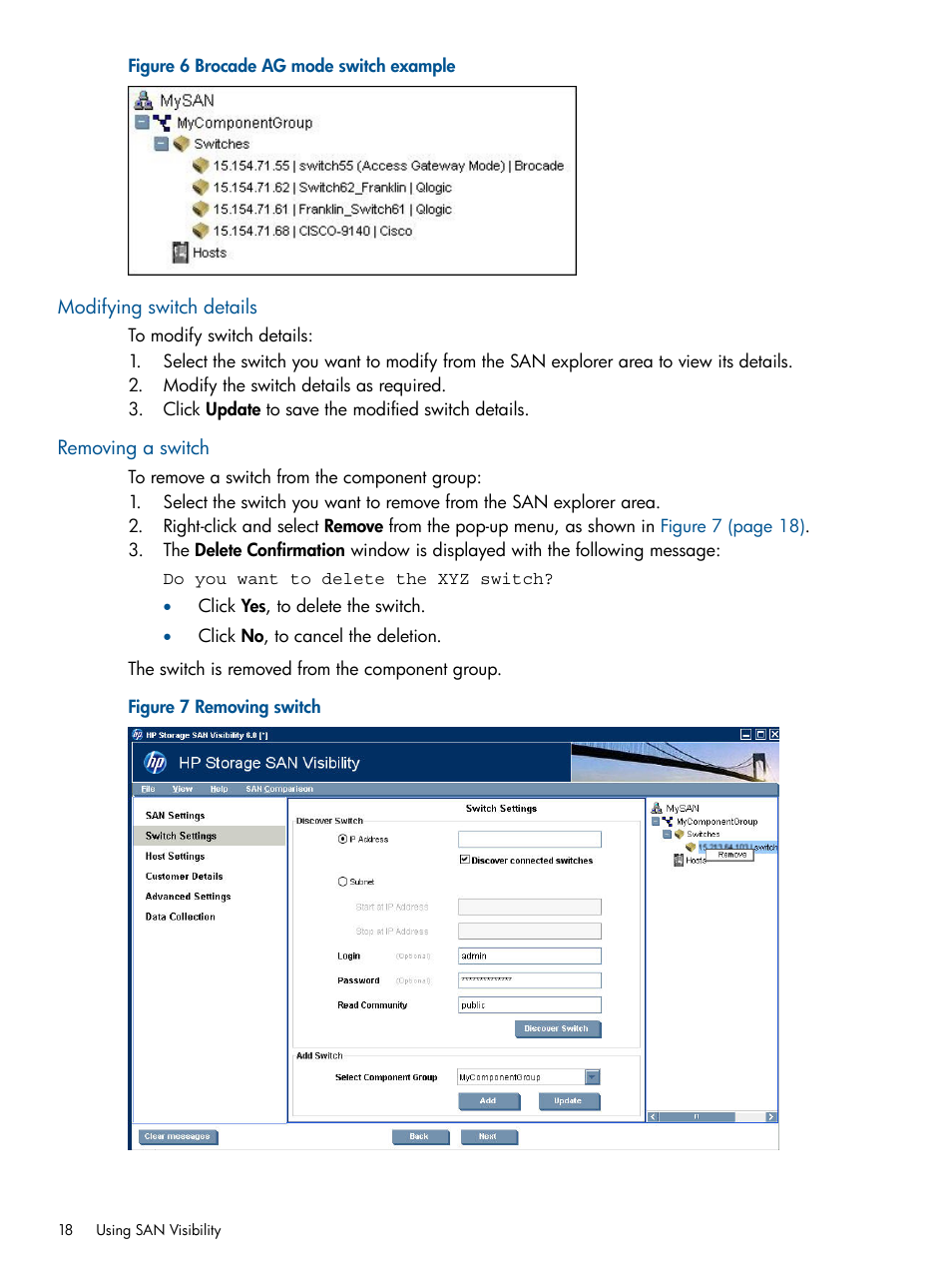 Modifying switch details, Removing a switch, Modifying switch details removing a switch | Brocade ag mode switch example, Removing switch | HP SAN User Manual | Page 18 / 59