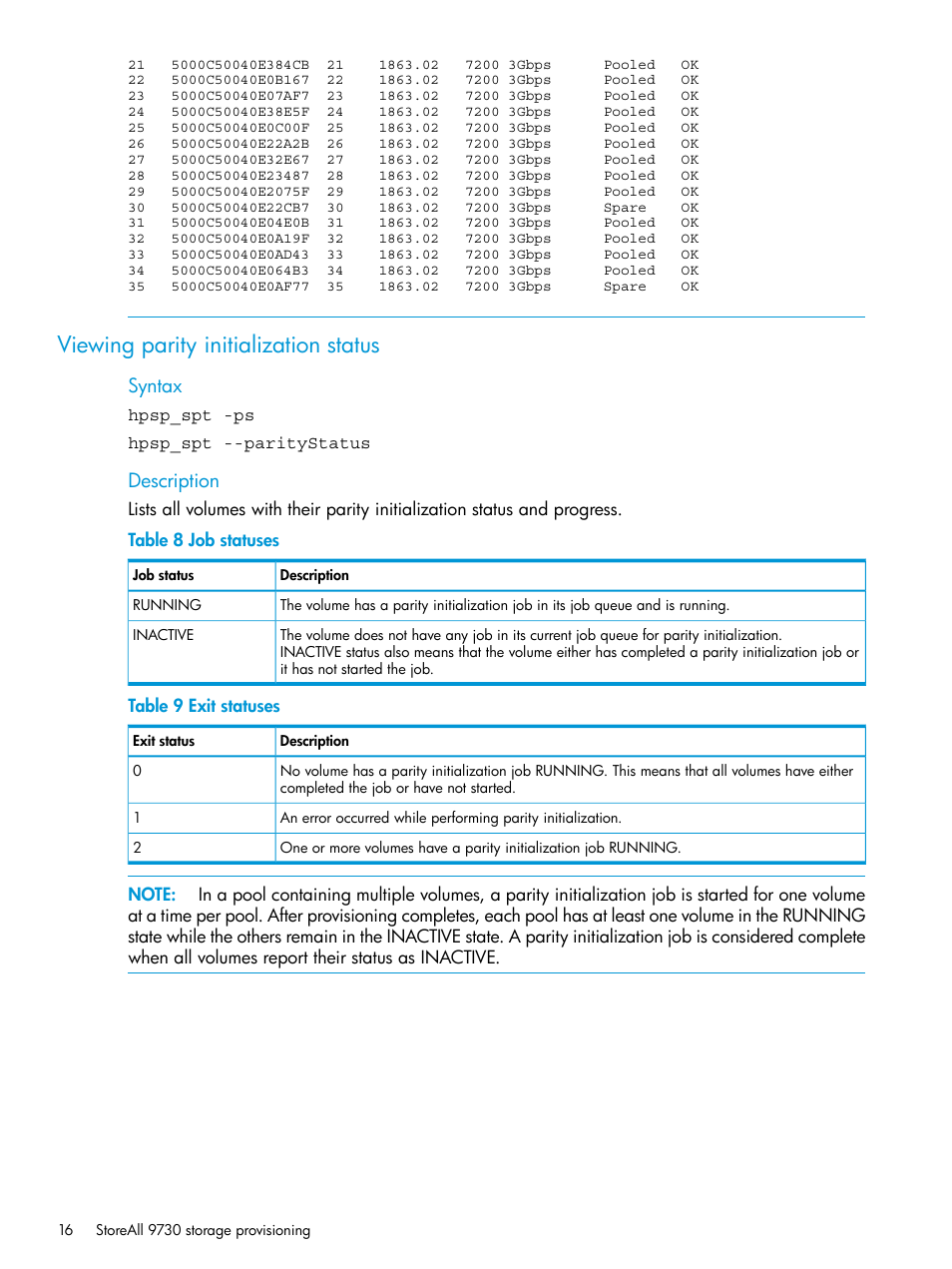 Viewing parity initialization status, Syntax, Description | HP StoreAll Storage User Manual | Page 16 / 47
