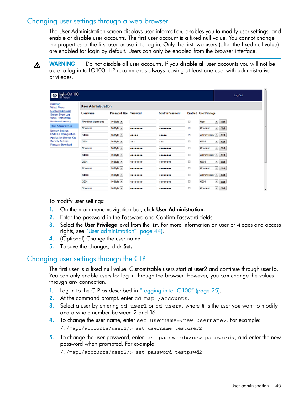 Changing user settings through a web browser, Changing user settings through the clp | HP ProLiant SL2x170z G6 Server User Manual | Page 45 / 60