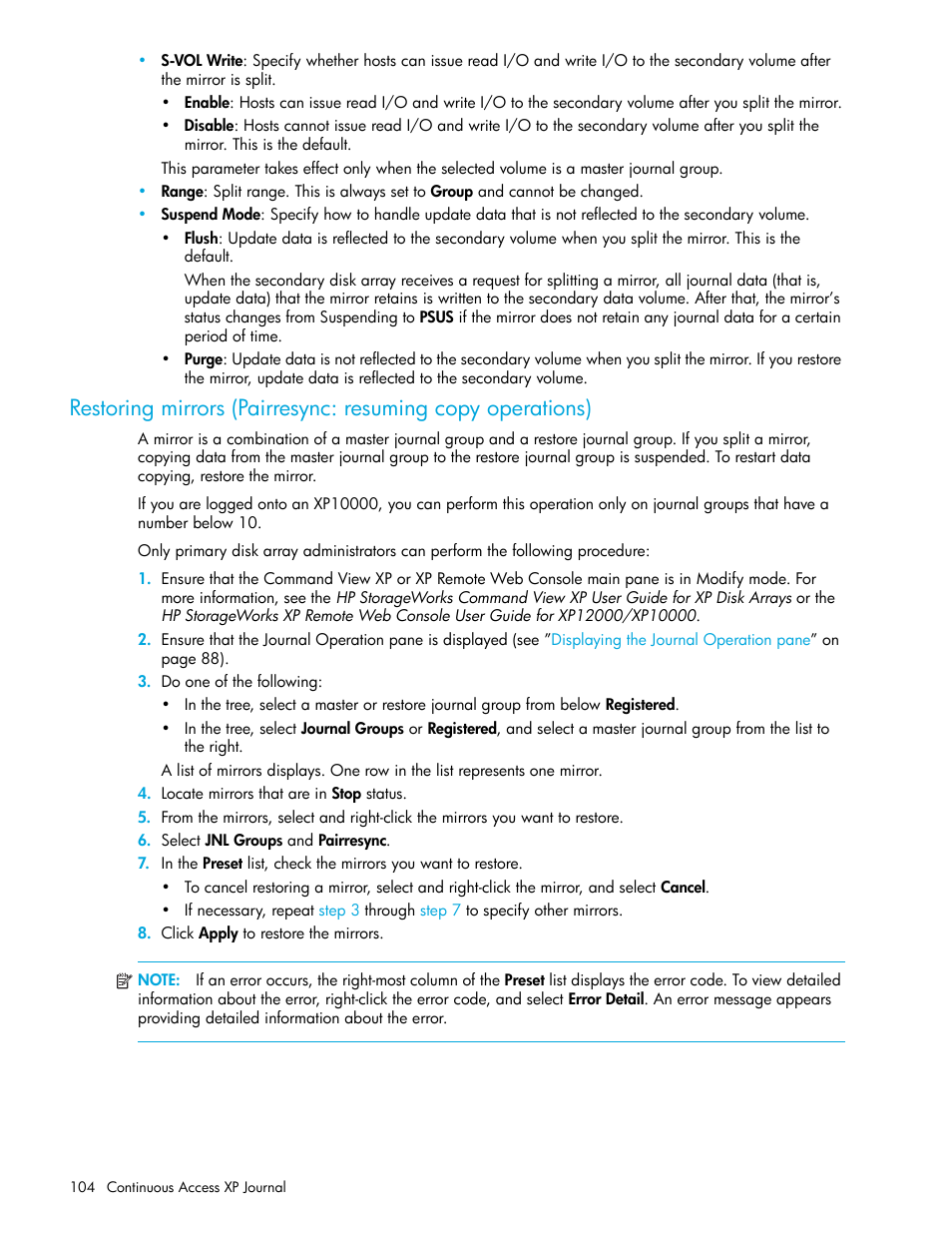 Restoring mirrors (pairresync: resuming copy, Operations) | HP StorageWorks XP Remote Web Console Software User Manual | Page 104 / 154