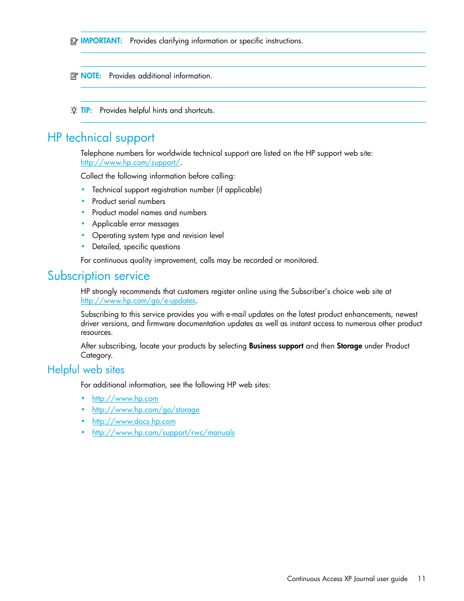Hp technical support, Subscription service, Helpful web sites | HP StorageWorks XP Remote Web Console Software User Manual | Page 11 / 154