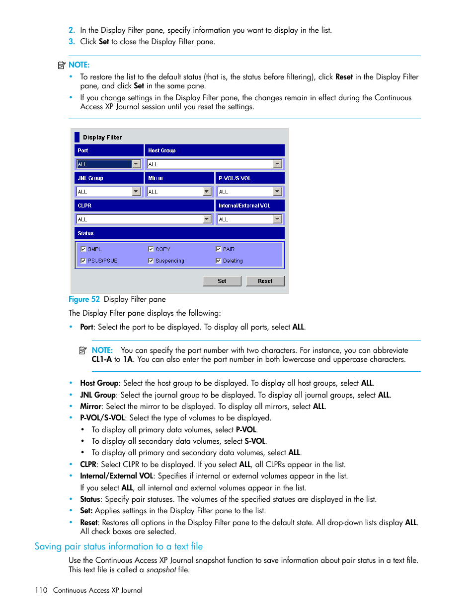 Figure 52 display filter pane, Saving pair status information to a text file, 52 display filter pane | Saving, Pair status information to a text file | HP StorageWorks XP Remote Web Console Software User Manual | Page 110 / 154