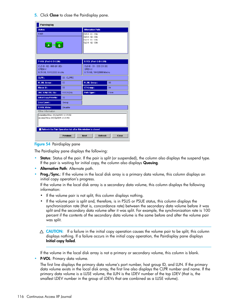 Figure 54 pairdisplay pane, 54 pairdisplay pane | HP StorageWorks XP Remote Web Console Software User Manual | Page 116 / 154