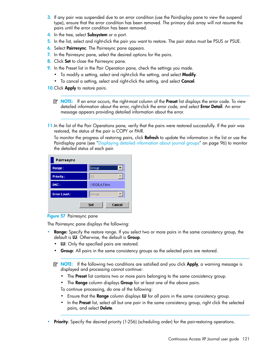 Figure 57 pairresync pane, 57 pairresync pane | HP StorageWorks XP Remote Web Console Software User Manual | Page 121 / 154
