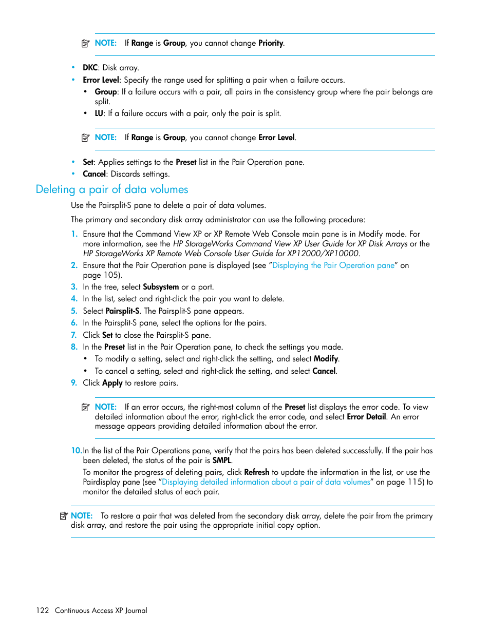 Deleting a pair of data volumes | HP StorageWorks XP Remote Web Console Software User Manual | Page 122 / 154