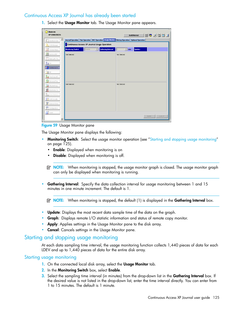 Figure 59 usage monitor pane, Starting and stopping usage monitoring, Starting usage monitoring | 59 usage monitor pane | HP StorageWorks XP Remote Web Console Software User Manual | Page 125 / 154