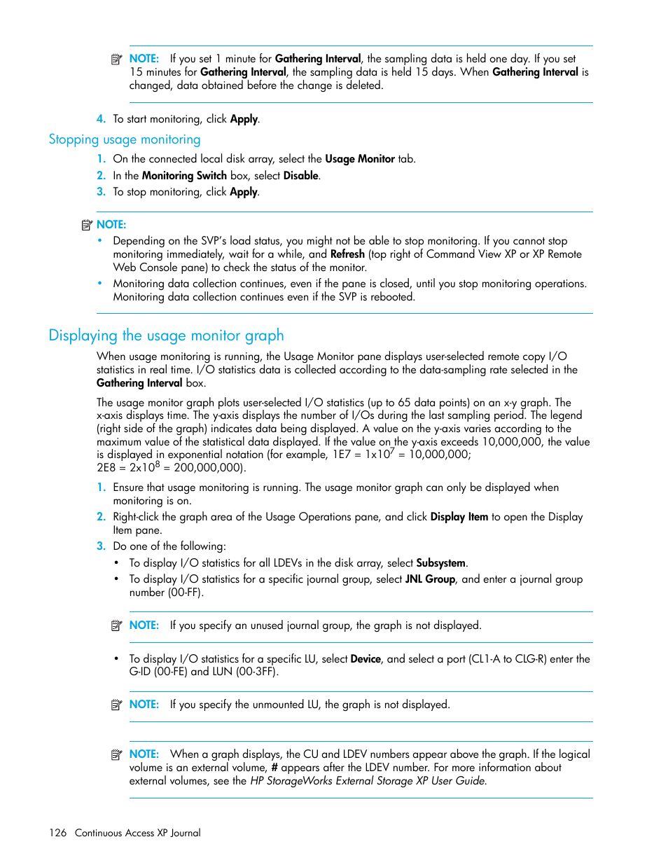 Stopping usage monitoring, Displaying the usage monitor graph | HP StorageWorks XP Remote Web Console Software User Manual | Page 126 / 154