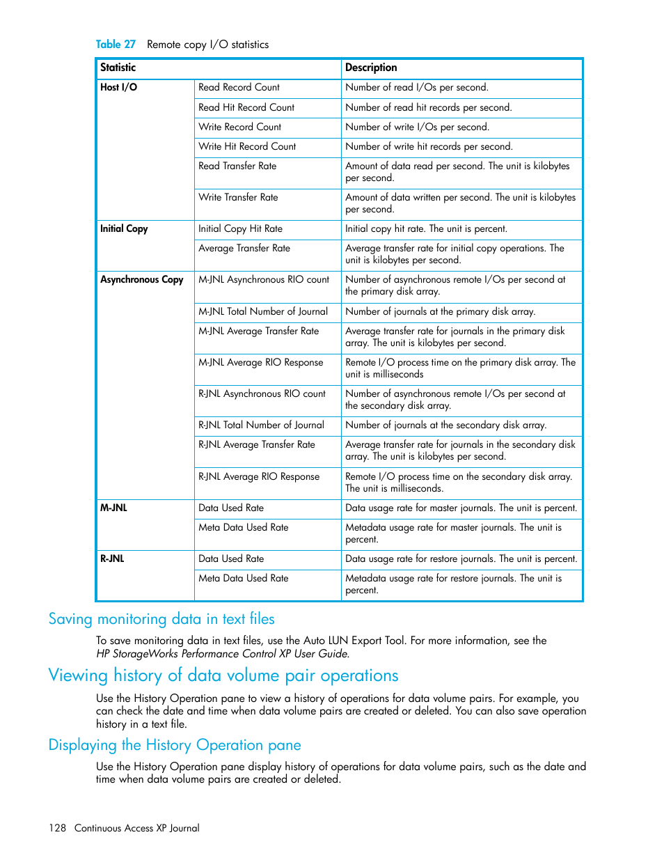 Table 27 remote copy i/o statistics, Saving monitoring data in text files, Viewing history of data volume pair operations | Displaying the history operation pane, 27 remote copy i/o statistics, Table 27 | HP StorageWorks XP Remote Web Console Software User Manual | Page 128 / 154
