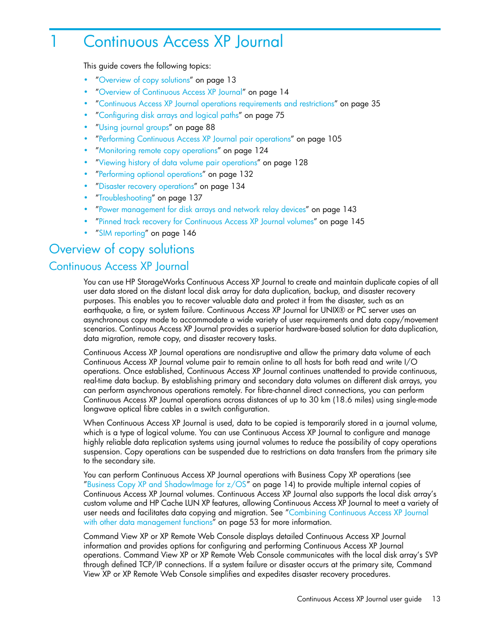 1 continuous access xp journal, Overview of copy solutions, Continuous access xp journal | 1continuous access xp journal | HP StorageWorks XP Remote Web Console Software User Manual | Page 13 / 154