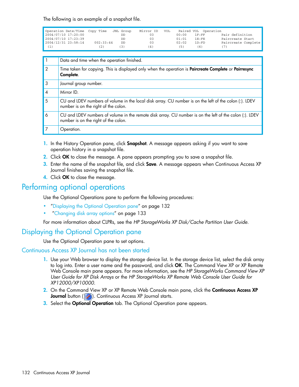 Performing optional operations, Displaying the optional operation pane, Continuous access xp journal has not been started | HP StorageWorks XP Remote Web Console Software User Manual | Page 132 / 154