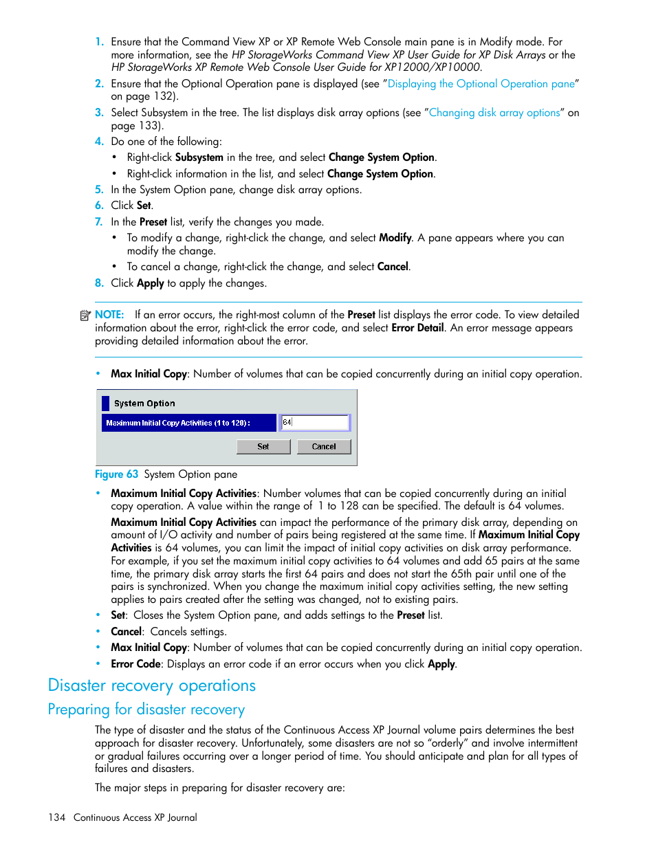 Figure 63 system option pane, Disaster recovery operations, Preparing for disaster recovery | 63 system option pane | HP StorageWorks XP Remote Web Console Software User Manual | Page 134 / 154