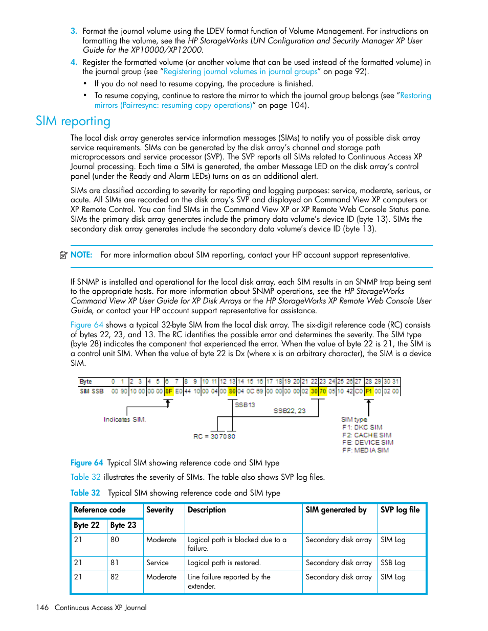 Sim reporting, 64 typical sim showing reference code and sim type, 32 typical sim showing reference code and sim type | HP StorageWorks XP Remote Web Console Software User Manual | Page 146 / 154