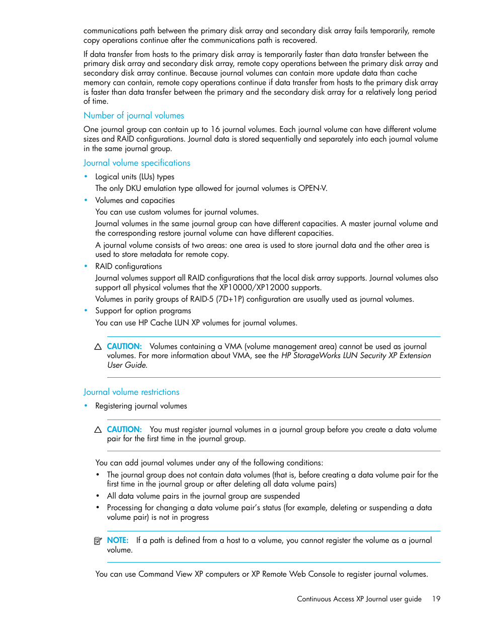 Number of journal volumes, Journal volume specifications, Journal volume restrictions | HP StorageWorks XP Remote Web Console Software User Manual | Page 19 / 154
