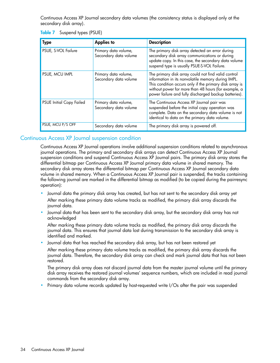 Table 7 suspend types (psue), Continuous access xp journal suspension condition, 7 suspend types (psue) | Table 7 on, Continuous, Access xp journal suspension condition” on, Table 7 | HP StorageWorks XP Remote Web Console Software User Manual | Page 34 / 154