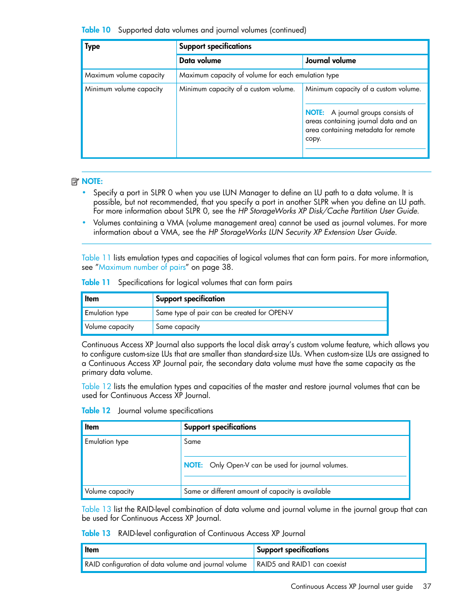 Table 12 journal volume specifications, 12 journal volume specifications | HP StorageWorks XP Remote Web Console Software User Manual | Page 37 / 154