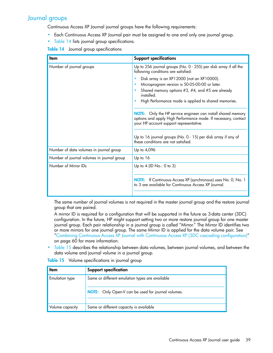 Journal groups, Table 14 journal group specifications, Table 15 volume specifications in journal group | 14 journal group specifications, 15 volume specifications in journal group | HP StorageWorks XP Remote Web Console Software User Manual | Page 39 / 154