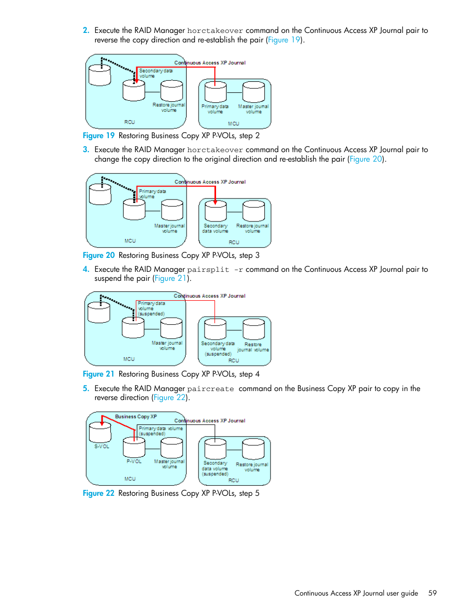 19 restoring business copy xp p-vols, step 2, 20 restoring business copy xp p-vols, step 3, 21 restoring business copy xp p-vols, step 4 | 22 restoring business copy xp p-vols, step 5 | HP StorageWorks XP Remote Web Console Software User Manual | Page 59 / 154