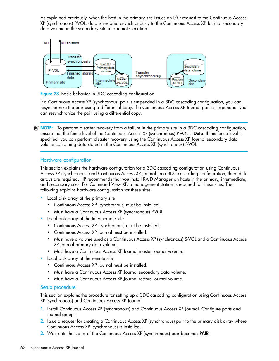 Hardware configuration, Setup procedure, 28 basic behavior in 3dc cascading configuration | D in, Figure 28 | HP StorageWorks XP Remote Web Console Software User Manual | Page 62 / 154