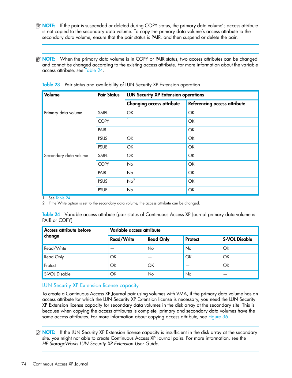 Lun security xp extension license capacity, Or copy), Table 23 | HP StorageWorks XP Remote Web Console Software User Manual | Page 74 / 154