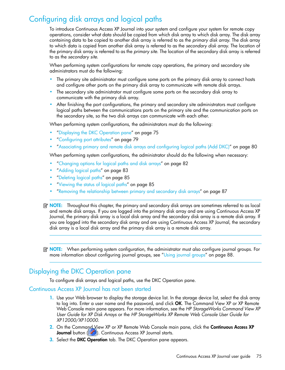 Configuring disk arrays and logical paths, Displaying the dkc operation pane, Continuous access xp journal has not been started | HP StorageWorks XP Remote Web Console Software User Manual | Page 75 / 154