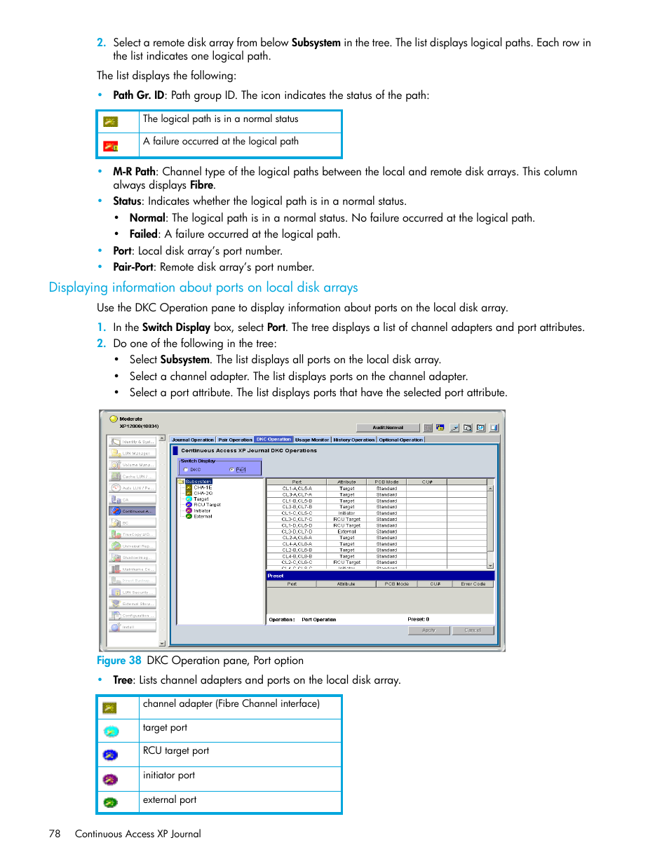 Figure 38 dkc operation pane, port option, 38 dkc operation pane, port option, Displaying information about ports on | Local disk arrays | HP StorageWorks XP Remote Web Console Software User Manual | Page 78 / 154