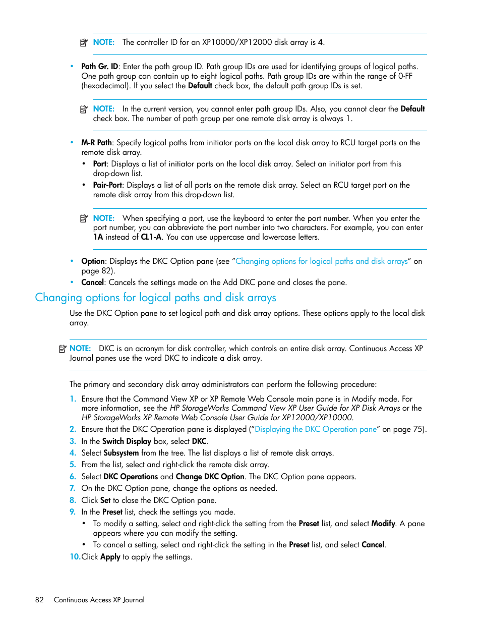 Changing options for logical paths and disk arrays | HP StorageWorks XP Remote Web Console Software User Manual | Page 82 / 154