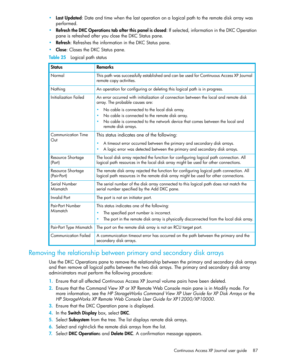 Table 25 logical path status, 25 logical path status | HP StorageWorks XP Remote Web Console Software User Manual | Page 87 / 154