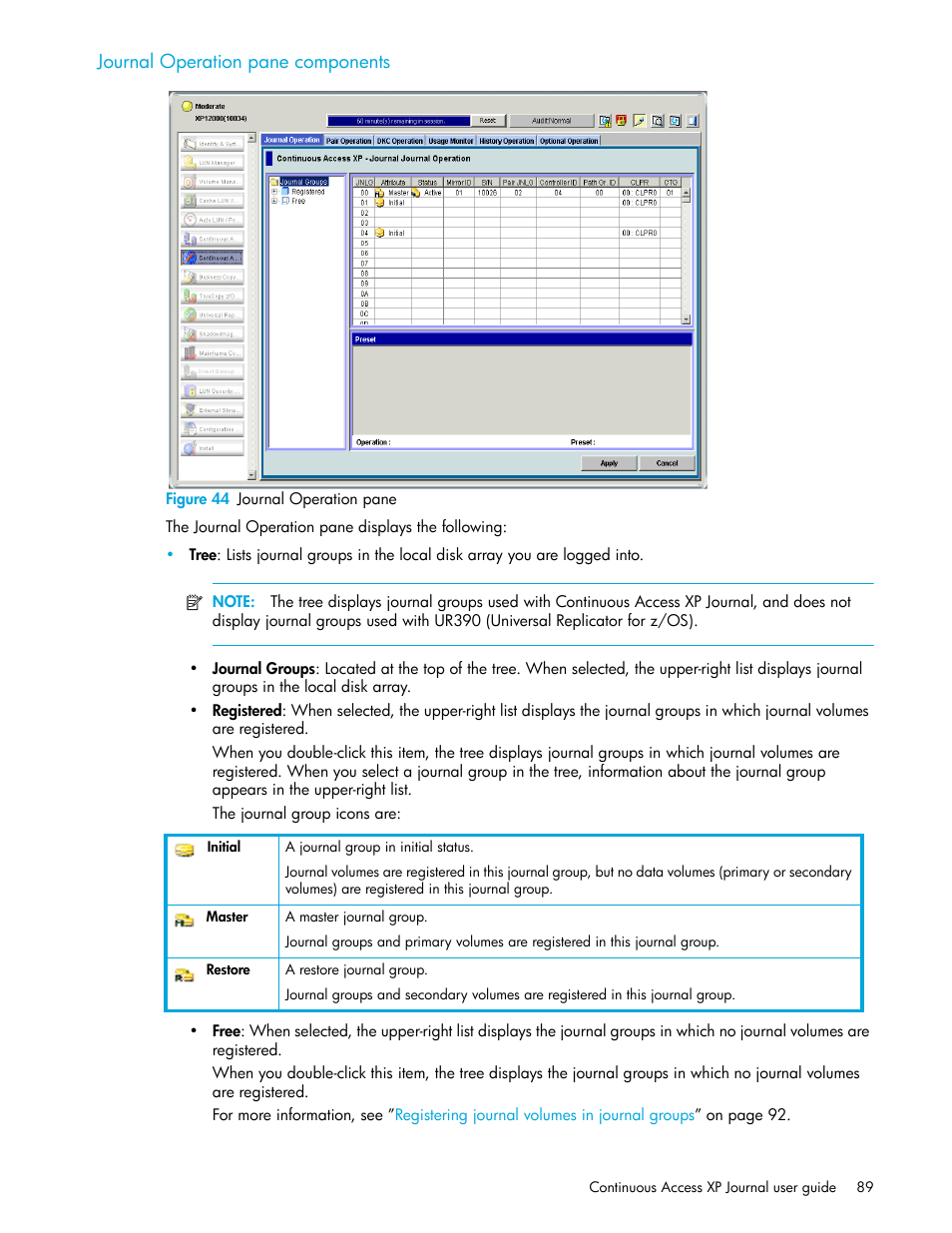 Journal operation pane components, Figure 44 journal operation pane, 44 journal operation pane | HP StorageWorks XP Remote Web Console Software User Manual | Page 89 / 154