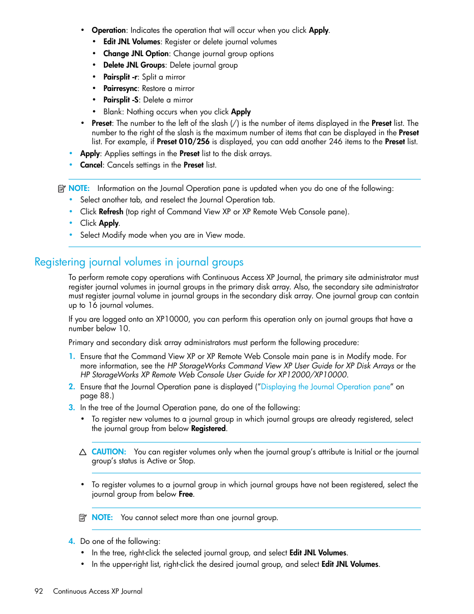 Registering journal volumes in journal groups | HP StorageWorks XP Remote Web Console Software User Manual | Page 92 / 154