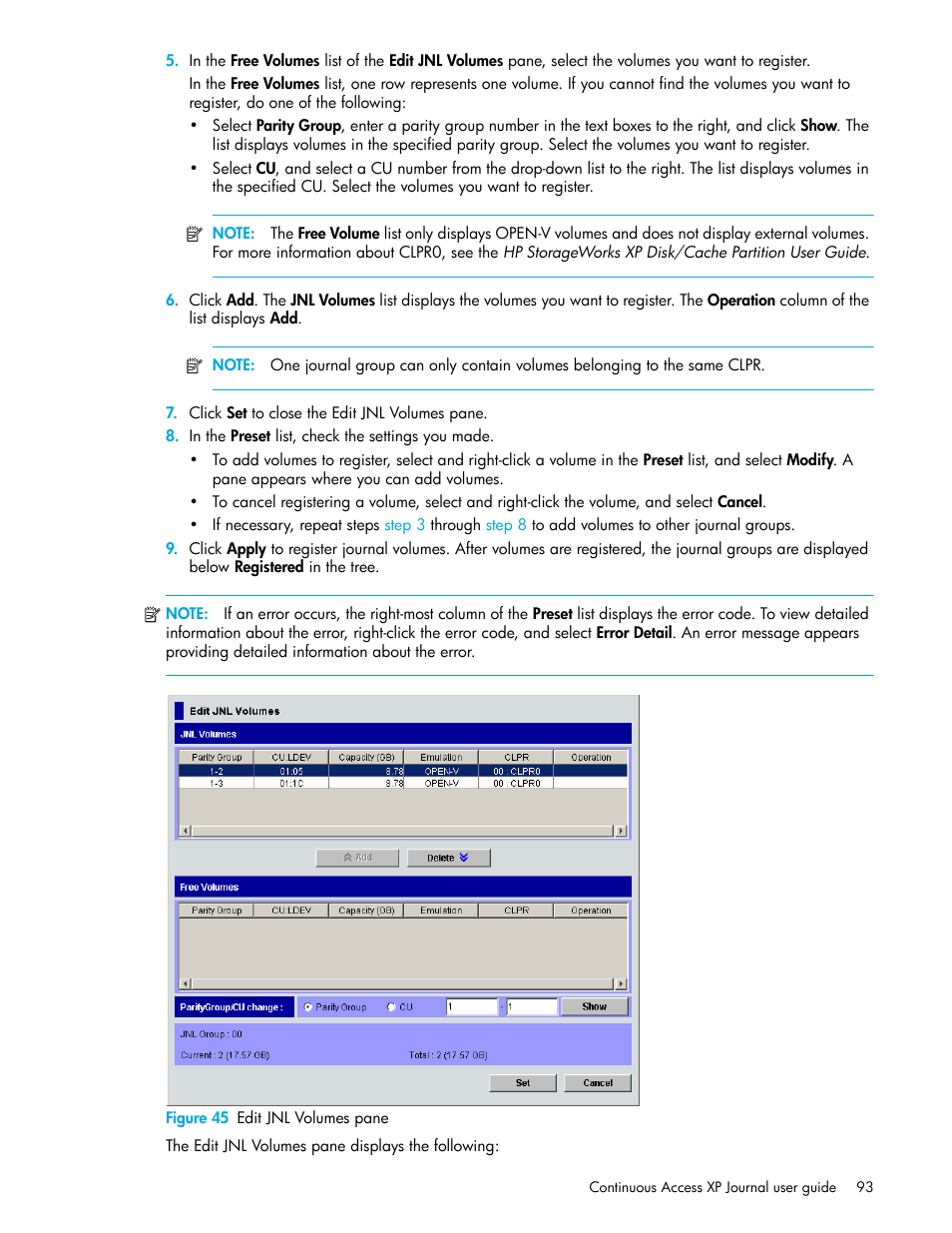 Figure 45 edit jnl volumes pane, 45 edit jnl volumes pane | HP StorageWorks XP Remote Web Console Software User Manual | Page 93 / 154