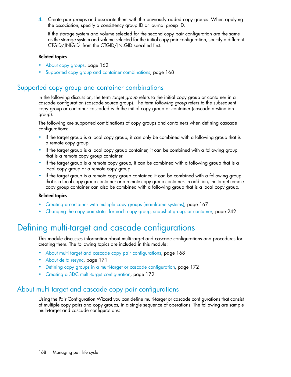 Supported copy group and container combinations, Defining multi-target and cascade configurations | HP XP P9000 Command View Advanced Edition Software User Manual | Page 168 / 500
