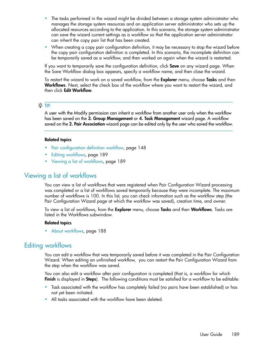 Viewing a list of workflows, Editing workflows, 189 editing workflows | HP XP P9000 Command View Advanced Edition Software User Manual | Page 189 / 500